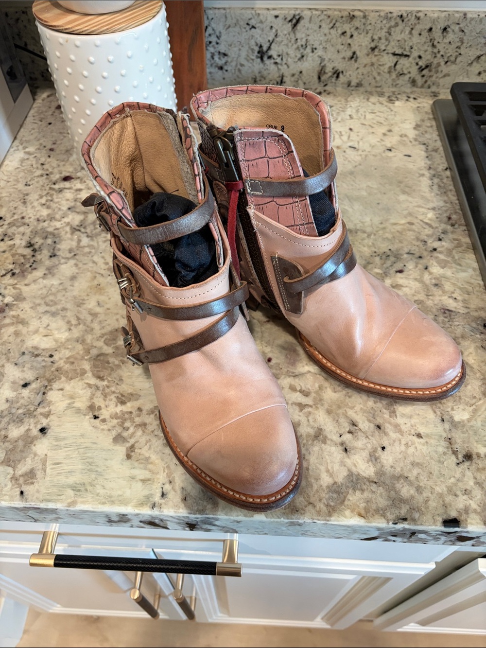 Women’s Blush Leather Ankle Boots with Decorative Buckle Straps